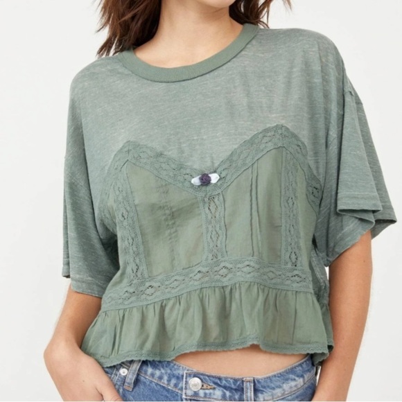 FREE PEOPLE Fall in Love Lace Inset T-Shirt size large - Picture 1 of 7